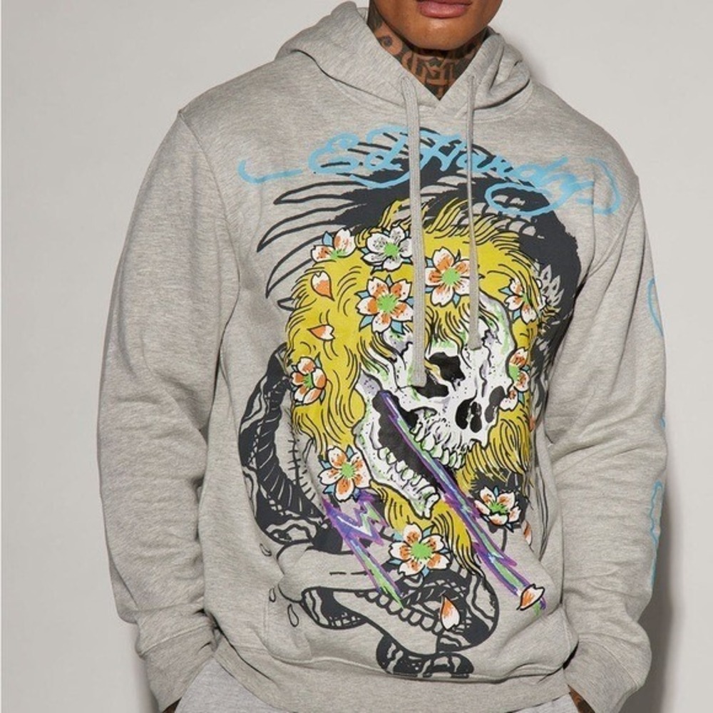 ED HARDY Blonded Skull Hoodie - Heather Grey NWT Size XL Kangaroo Pocket